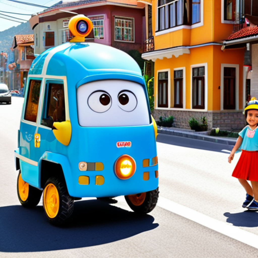 **Prompt:** Robocar Poli and friends helping a child cross a busy street in a sunny Turkish neighborhood, showcasing traffic safety. Bright colors, friendly atmosphere.
