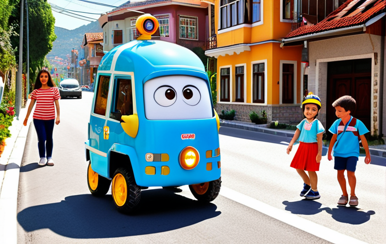 **Prompt:** Robocar Poli and friends helping a child cross a busy street in a sunny Turkish neighborhood, showcasing traffic safety. Bright colors, friendly atmosphere.