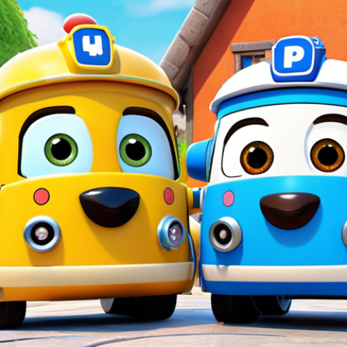 **Robocar Poli Team:** The Robocar Poli team (Poli, Roy, Amber, Helly) standing together smiling, bright colors, cartoon style.