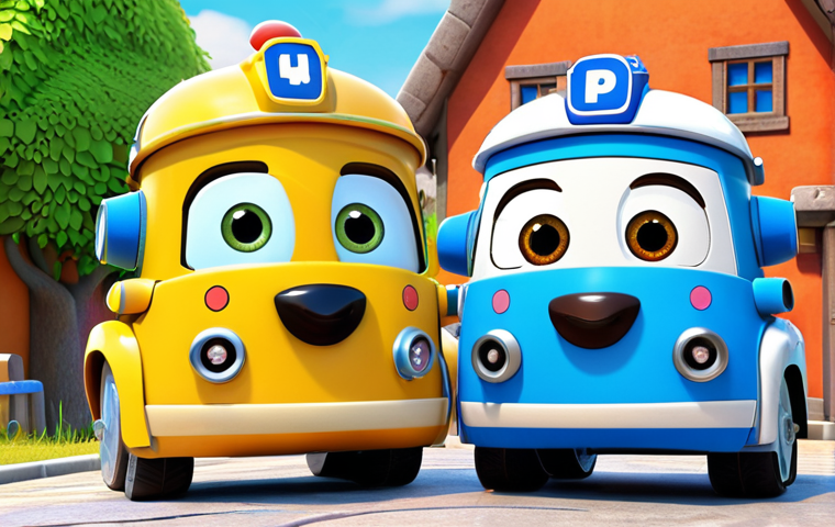 **Robocar Poli Team:** The Robocar Poli team (Poli, Roy, Amber, Helly) standing together smiling, bright colors, cartoon style.